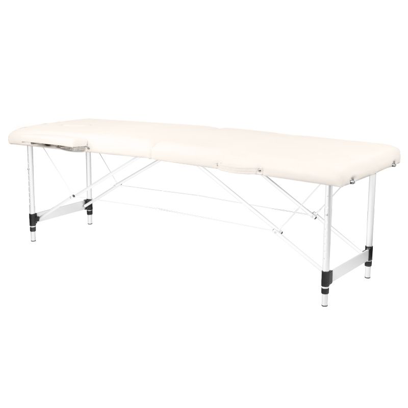 Transportabel briks i aluminium med creme madras.