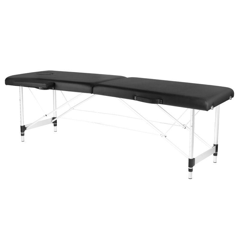 Transportabel briks i aluminium med sort madras.