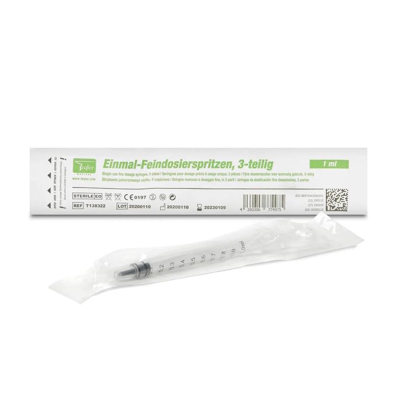 Medicinsk sprøjte med luer connector, 1 ml, 100 stk, Teqler