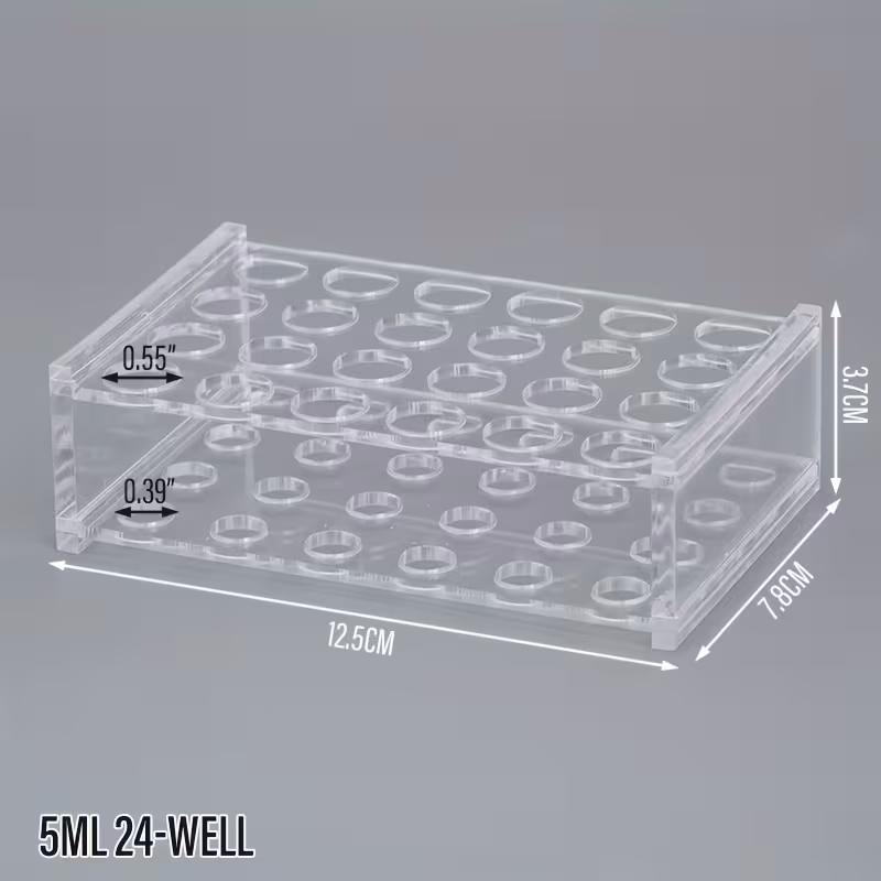 Reagensglasstativ i akryl med 24 huller, 13 mm hul