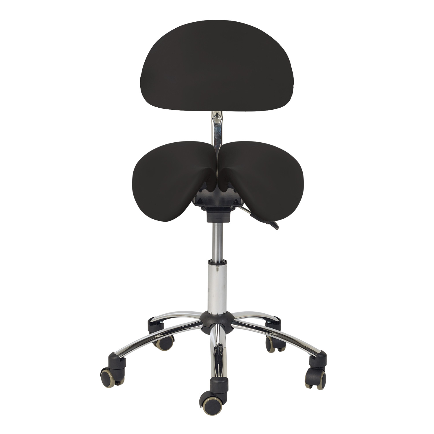 Ergonomisk behandlerstol - Sadelstol med 2-delt sæde og ryglæn, Sort