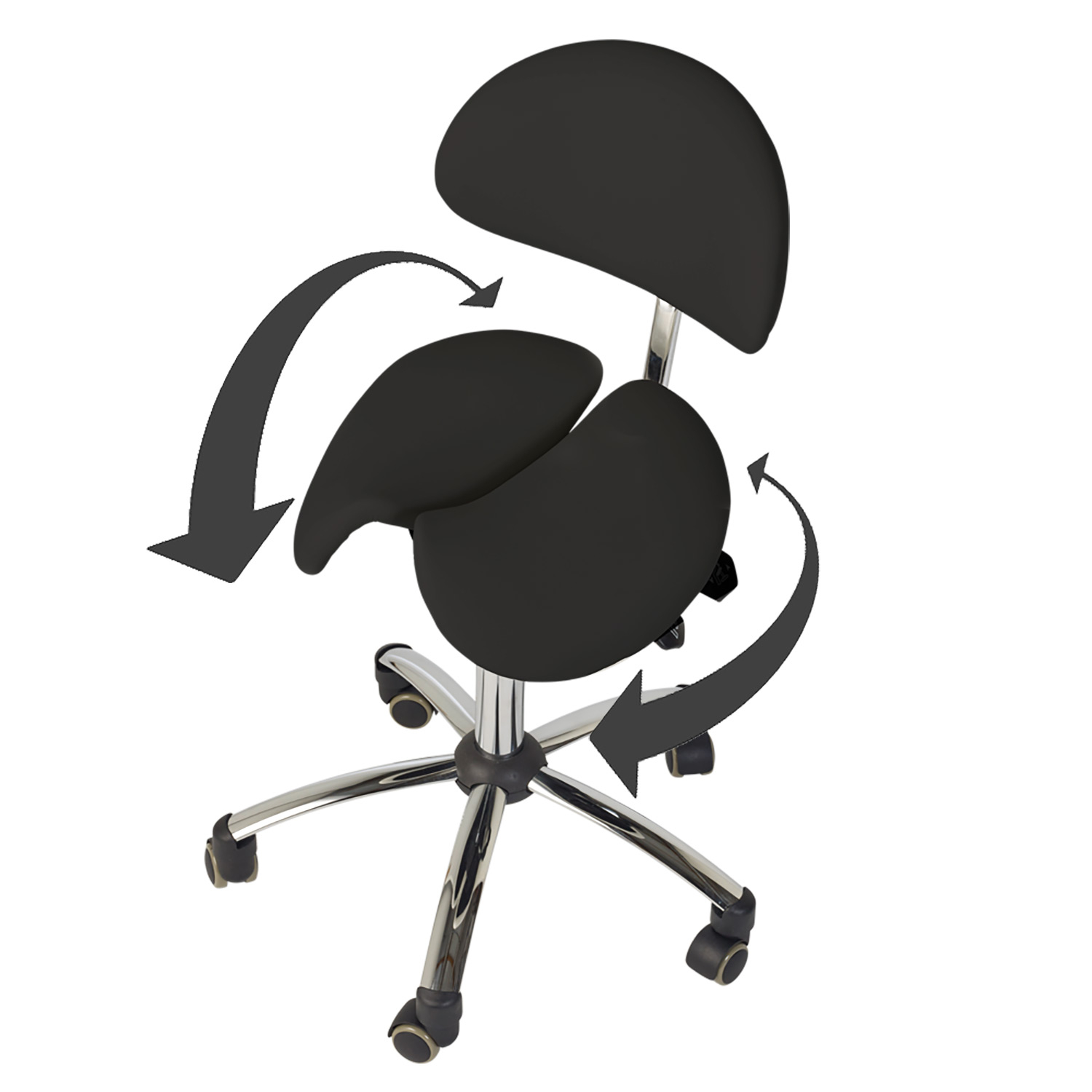 Ergonomisk behandlerstol - Sadelstol med 2-deltsæde og ryglæn, sort