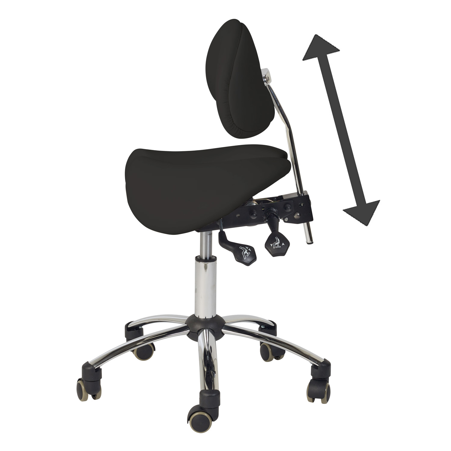 Ergonomisk behandlerstol - Sadelstol med 2-deltsæde og ryglæn, sort